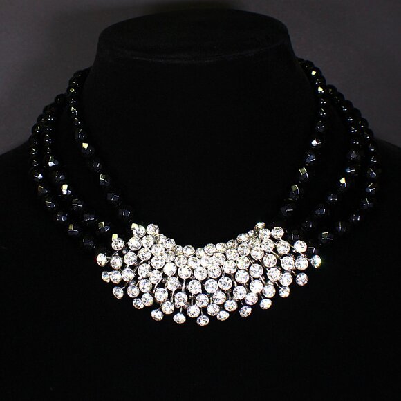 White House Black Market Jewelry - White House Black Market Black Beaded Necklace with Clear Rhinestones
